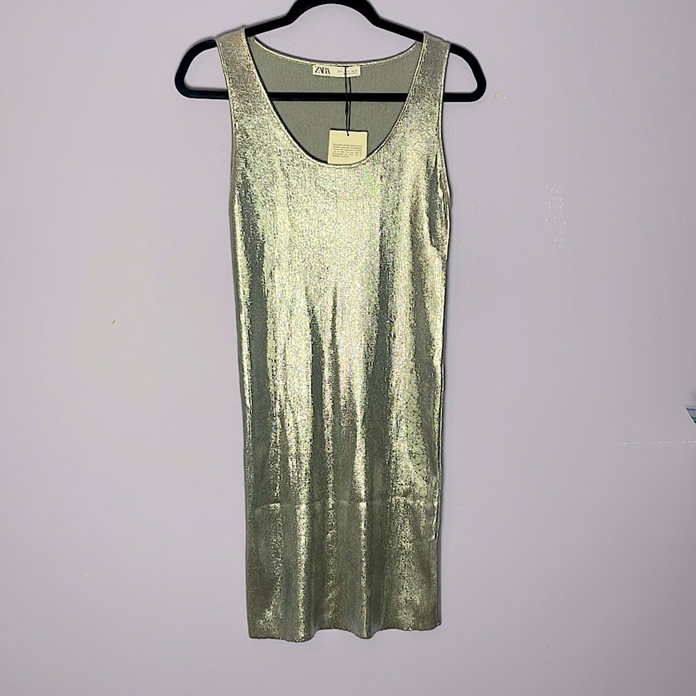 Zara liquid Metallic Silver Bodycon Mini Dress Size L NWT
